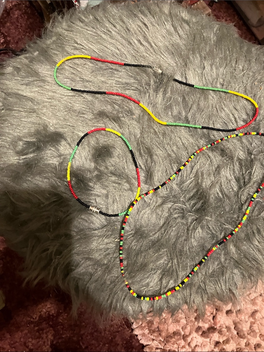 Beaded Necklace and Bracelet Set in Red, Yellow, Green, Black - Unbranded
